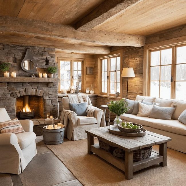 Exposed Beams, Stone Walls, Earth Tones