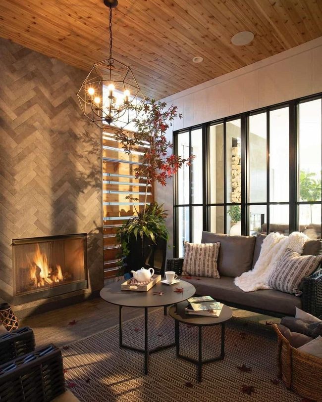 Wooden Ceiling Brown Living Room