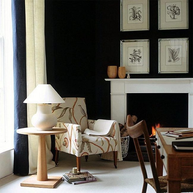 Black Walls, Glowing Fireplace Focal Point