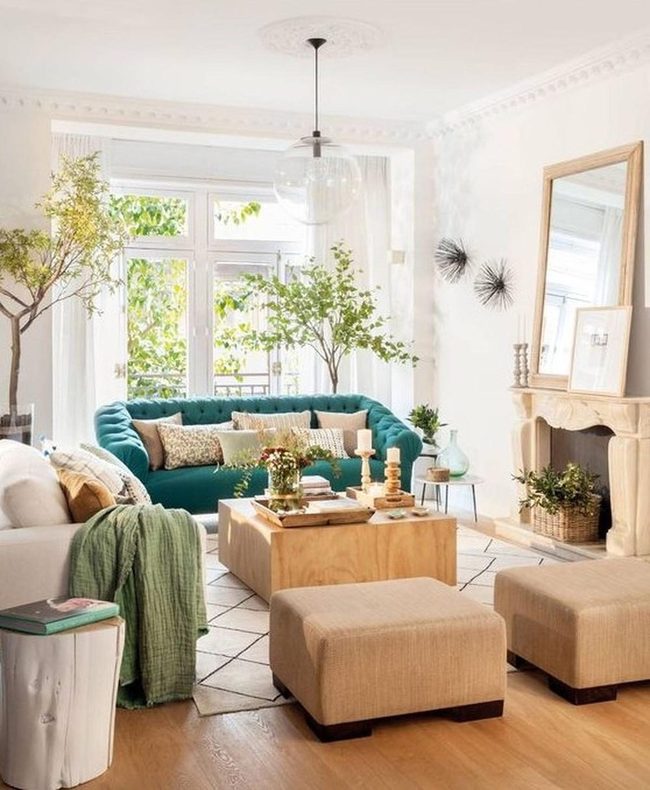 Teal Sofa Sunlit Living Room