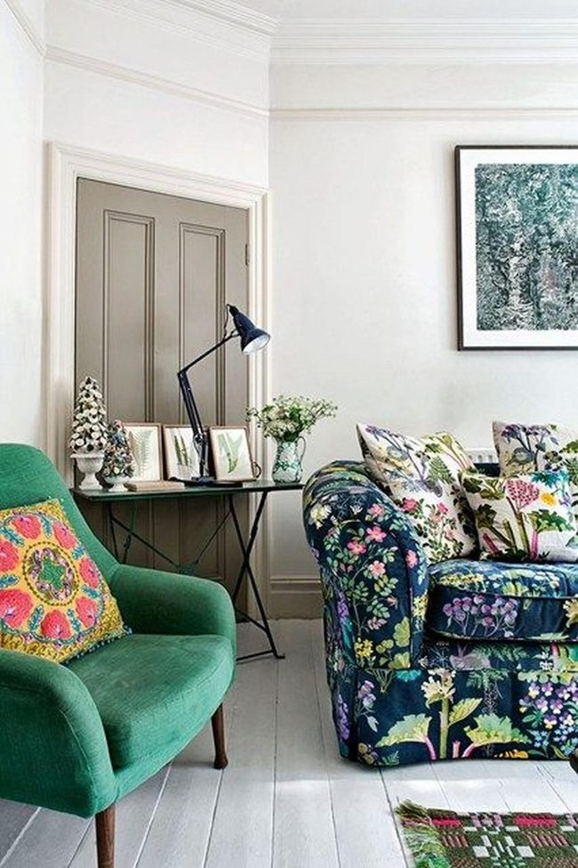 Floral Patterns Meet Deep Blue Sofa