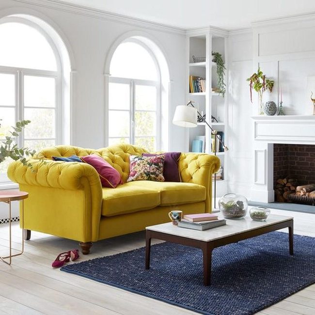 Bright Yellow Couch With Natural Woods