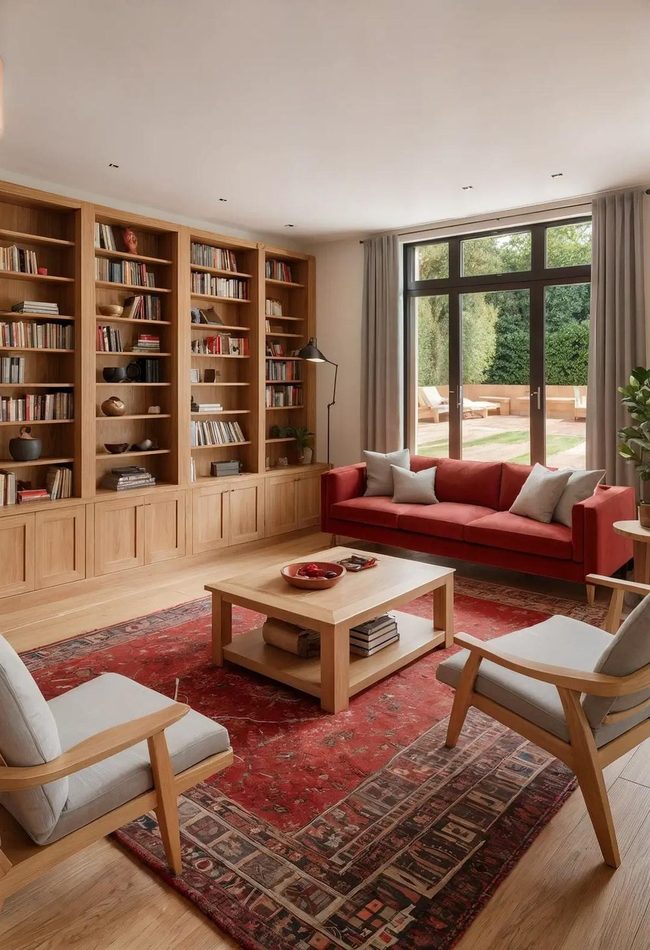 Red Rug Meets Weathered Timber Furniture