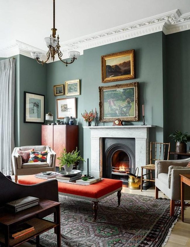 Green Walls, Marble Fireplace, Timeless Elegance