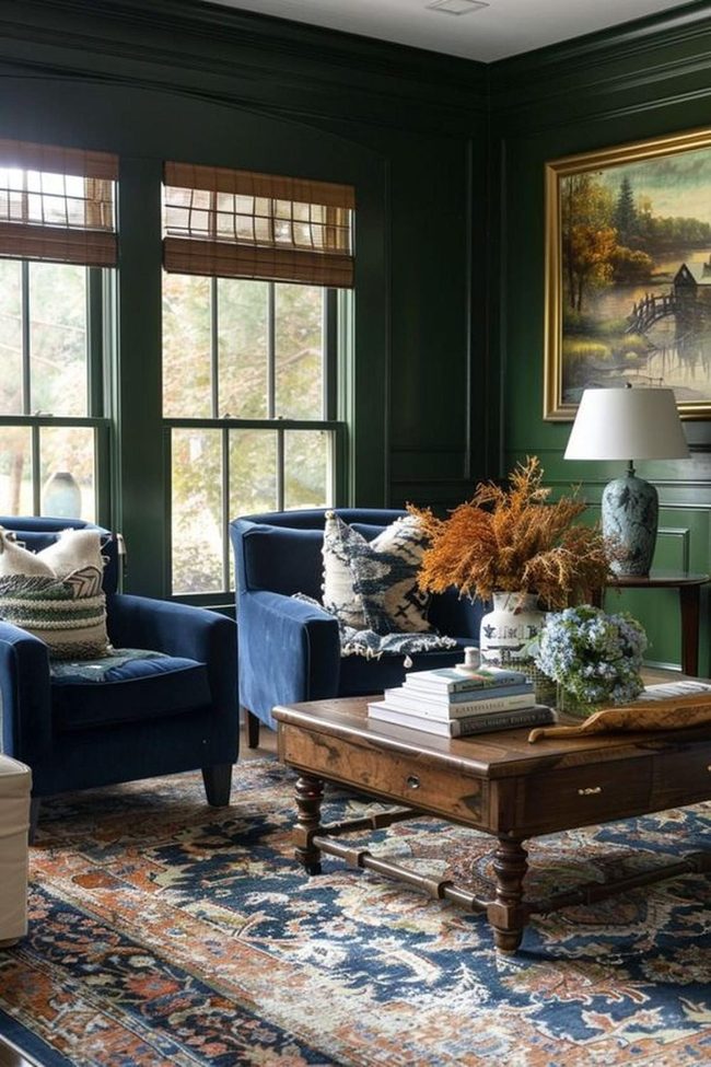 Deep Green Walls Dark Blue Seating