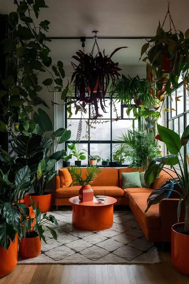 Burnt Orange Pots Among Cascading Greens
