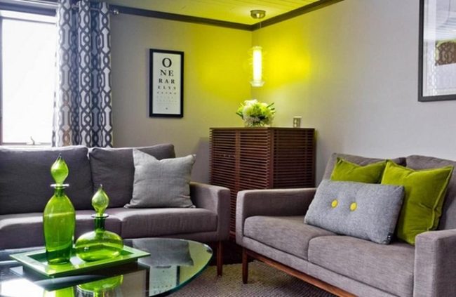 Grey Sofas, Green Accents, Sunlit