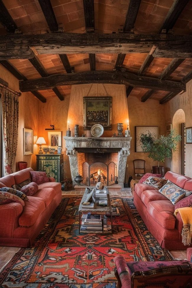 Tuscan Stone Fireplace and Beams