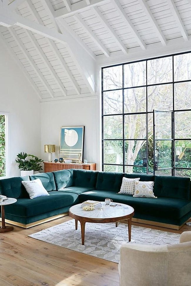 White Ceilings Green Velvet Living Room