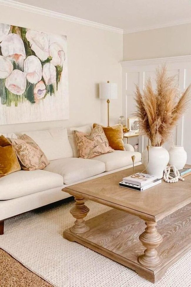 Cream Sofa with Pampas Grass