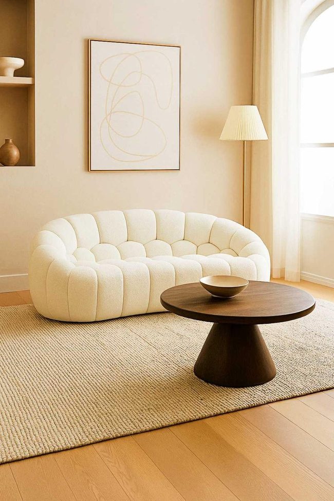 Curved Cream Bouclé Statement Sofa