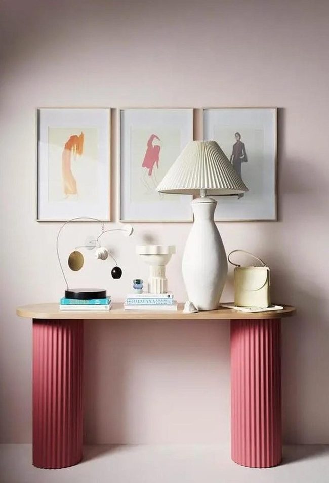 Pink Cylindrical Legs, Wooden Sophistication