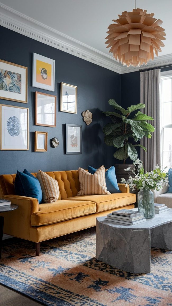 Mustard Velvet Against Navy Walls