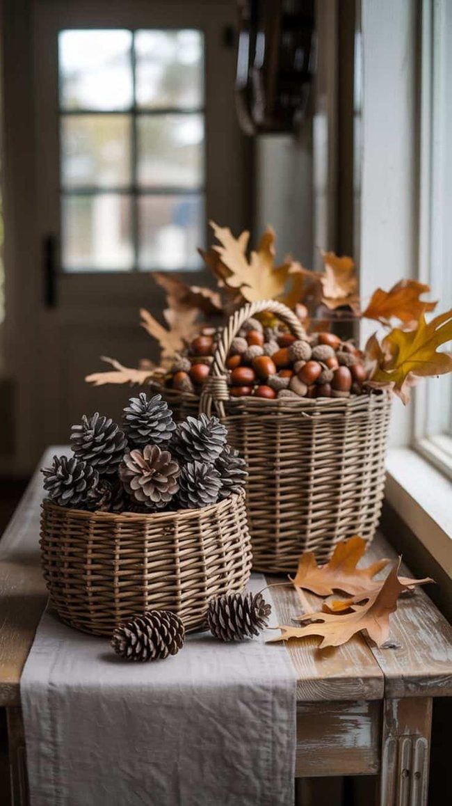 Frosted Pinecones in Woven Baskets