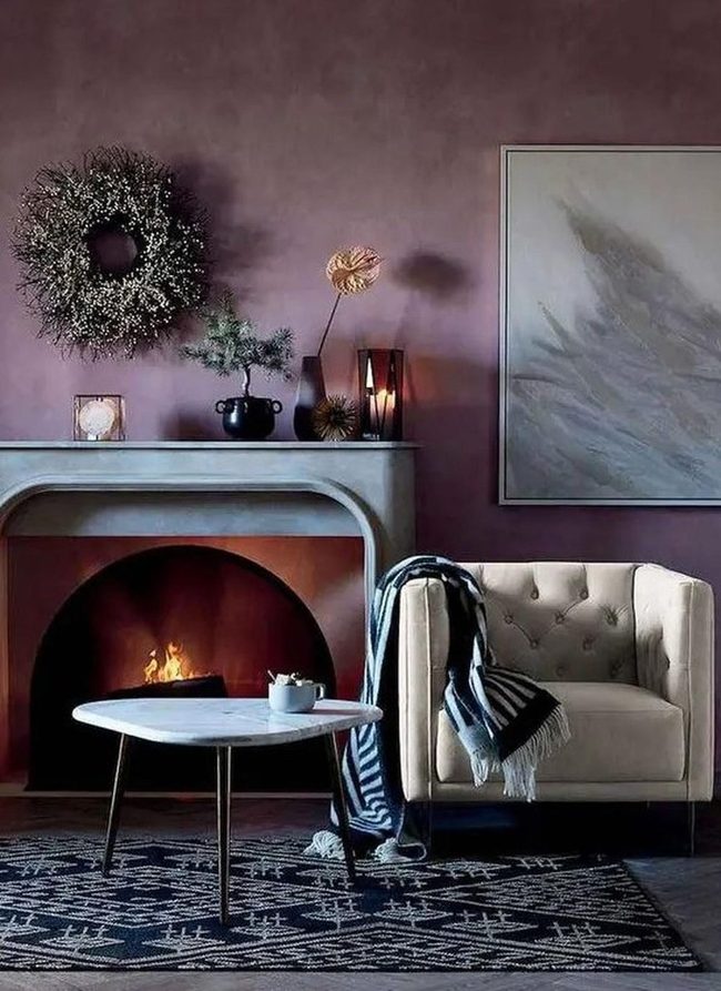 Purple Walls, Modern Fireplace Warmth