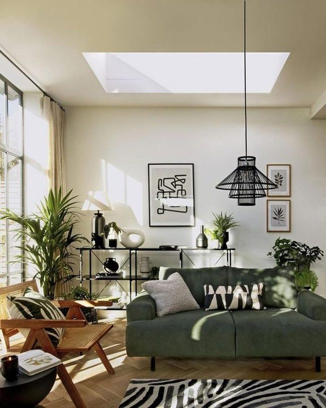 Sunlit Green Living Room With Natural Textures