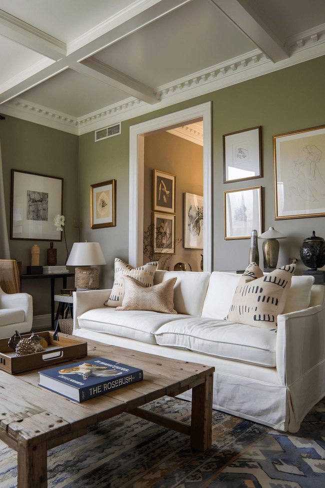 Muted Green Walls With Crisp White Couch