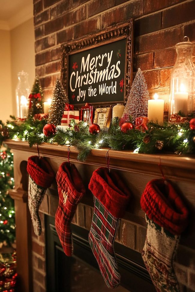 Red Plaid Mantel With Pinecones