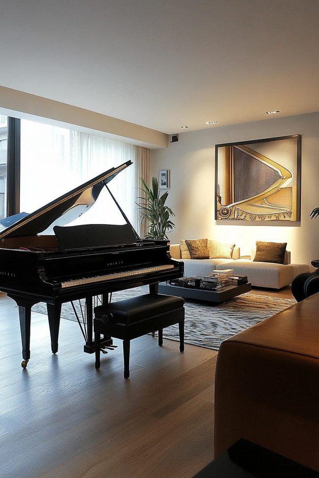 Black Grand Piano Against White Walls