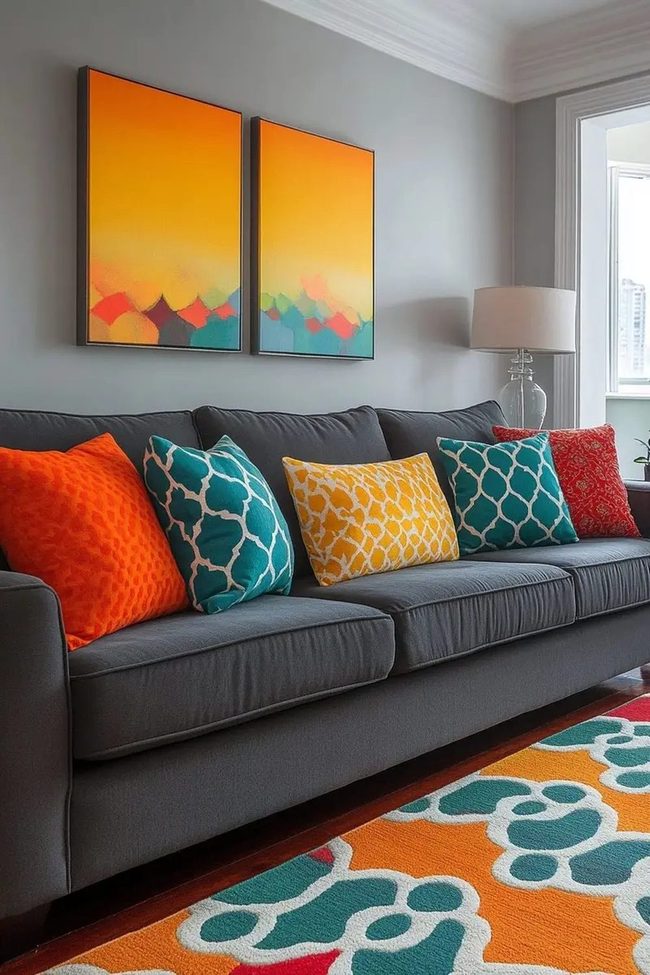Colorful Accents Transform Grey Sofas