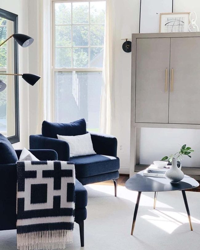 Navy Chairs, White Pillows, Modern Edge