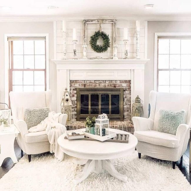 Whitewashed Brick Fireplace With Pastel Accents