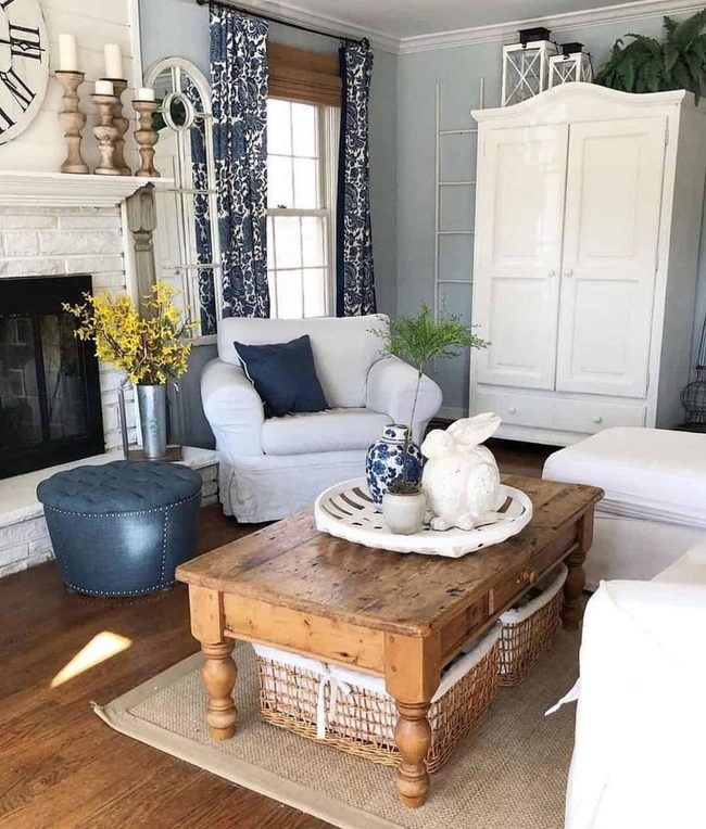 Light Blue Walls Stone Fireplace