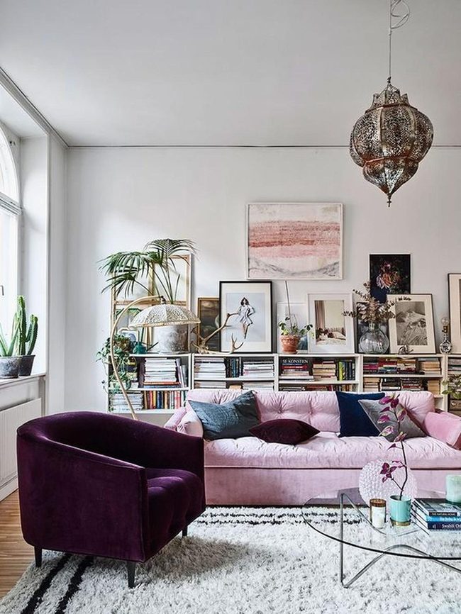 Pink Sofa Meets Purple Statement Chair