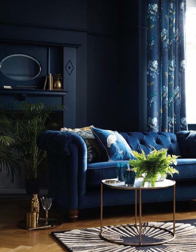 Blue Velvet Sofa With Gold Accents