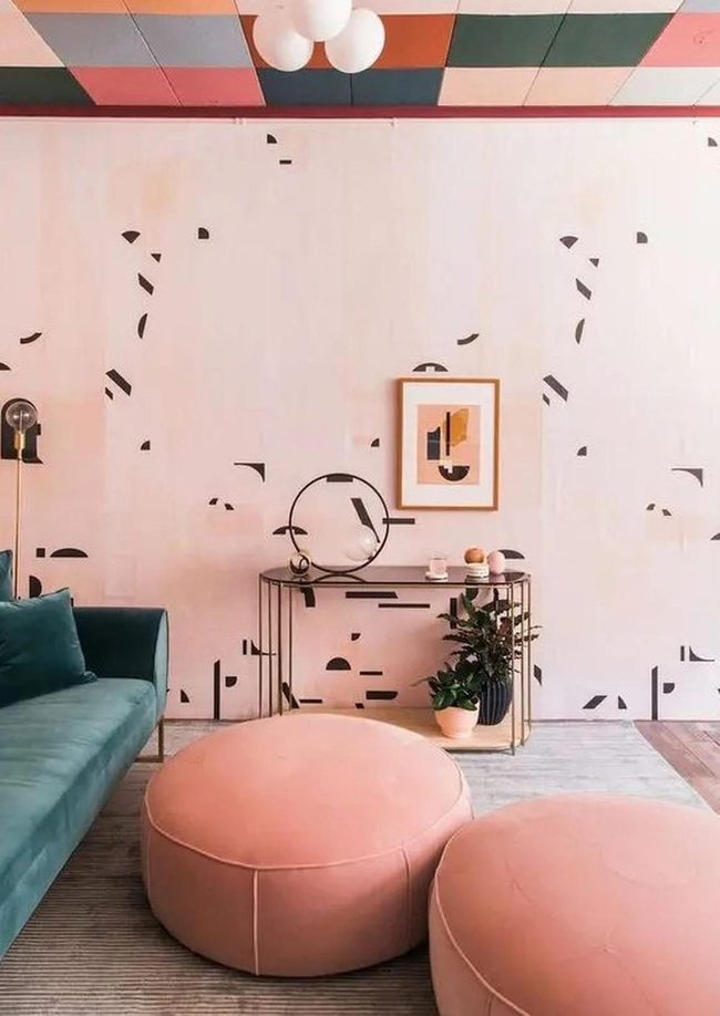 Ceiling Blocks Pink Ottomans Green Velvet