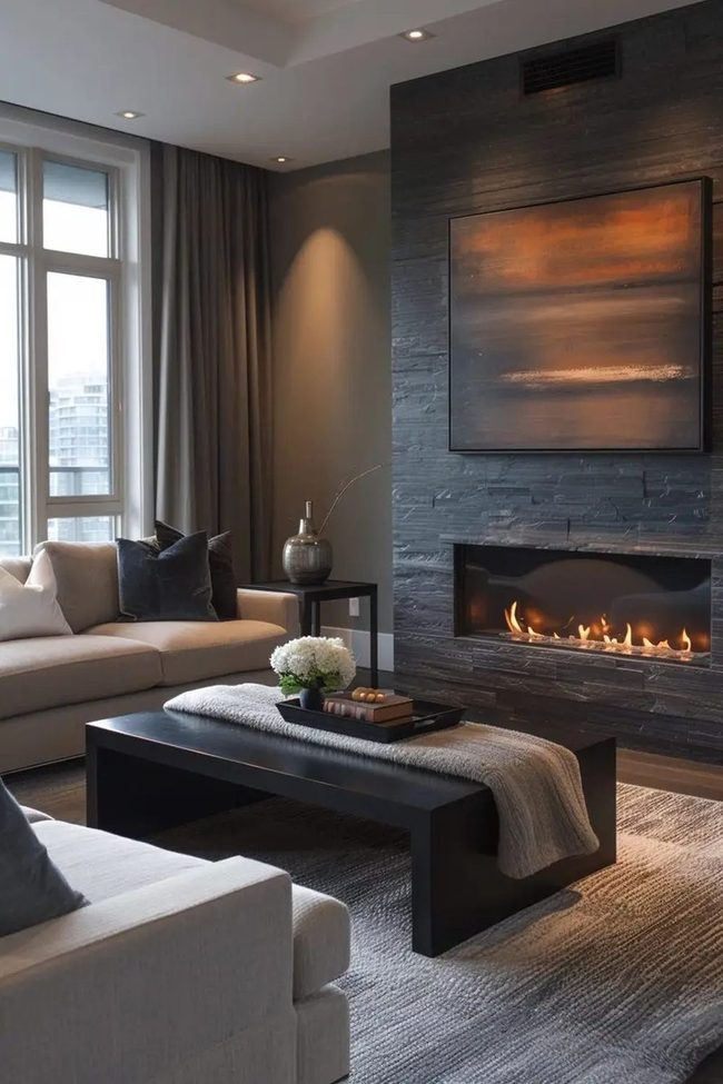 Dark Stone Fireplace Statement Wall