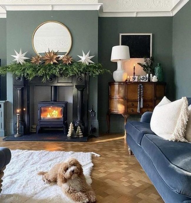 Dark Green Walls, Fireplace Glow