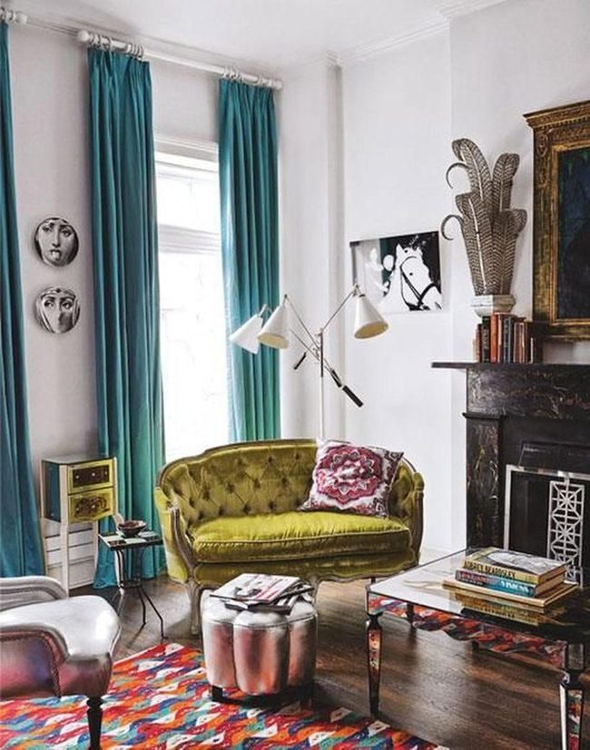 Teal Curtains Frame Bold Living Room