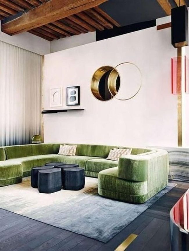 Gold Mirror Brightens Modern Green Lounge