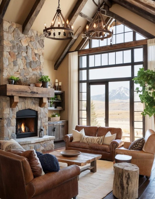 Stone Fireplace with Reclaimed Wood