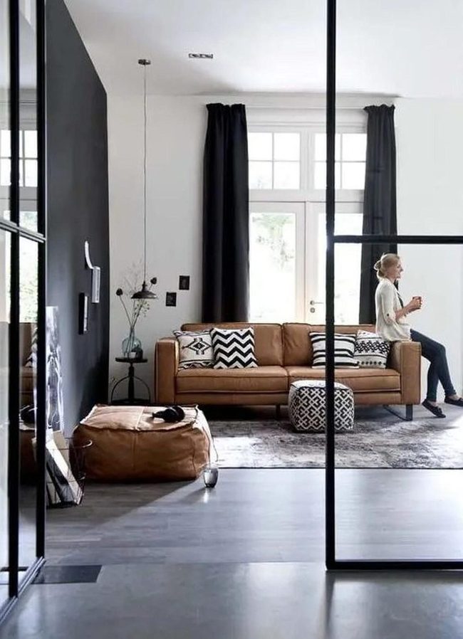 Brown Leather Sofa Modern Minimalism