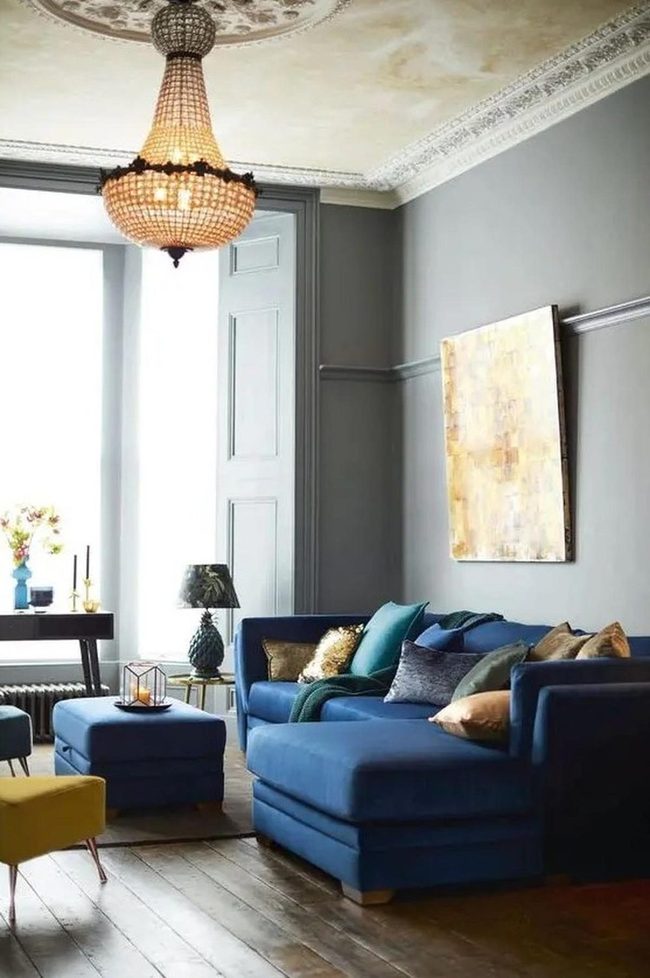 Deep Blue Couches, Gold Accents