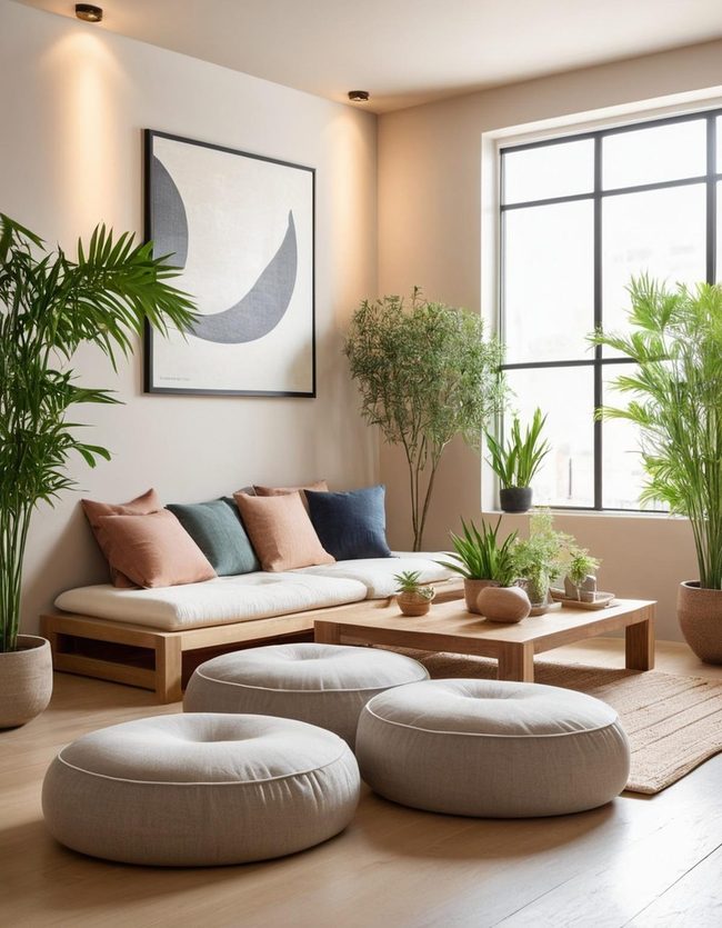 Low Cushions, Diffused Lights, Living Plants