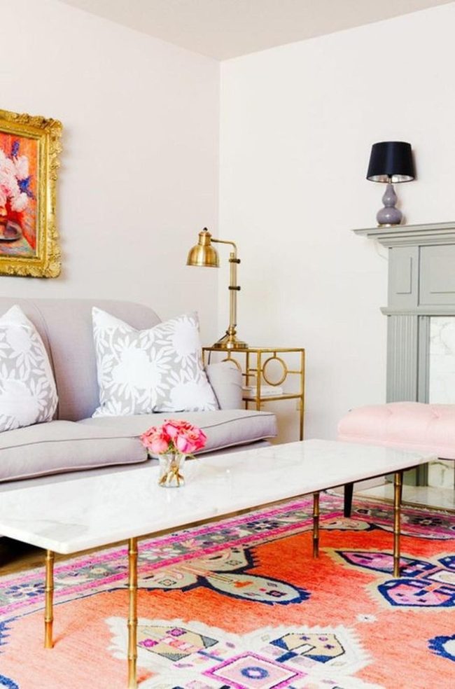 Pink Orange Rug Anchors Gray Space