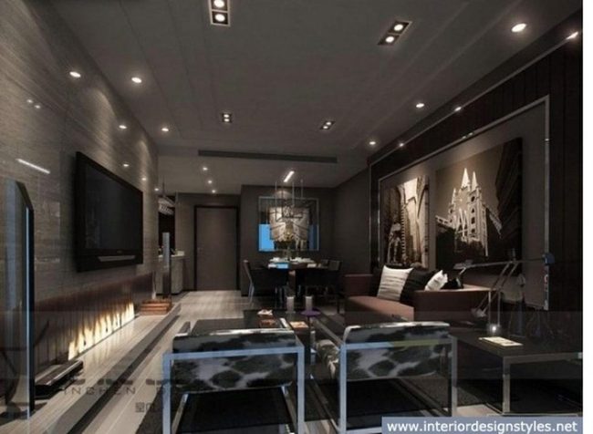 Charcoal Walls, Fireplace Glow, Modern Comfort