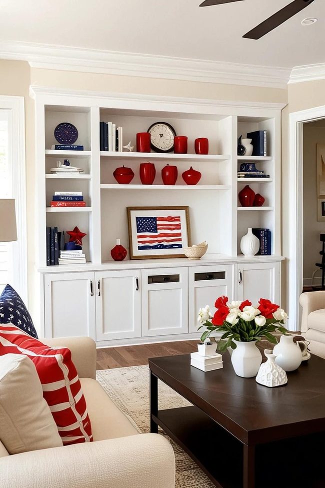 Navy Books Red Glass Fireplace Shelves