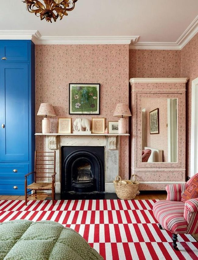 Blue Cabinets, Striped Rug Drama