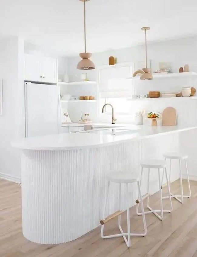 White Kitchen, Wooden Warmth, Curved Island