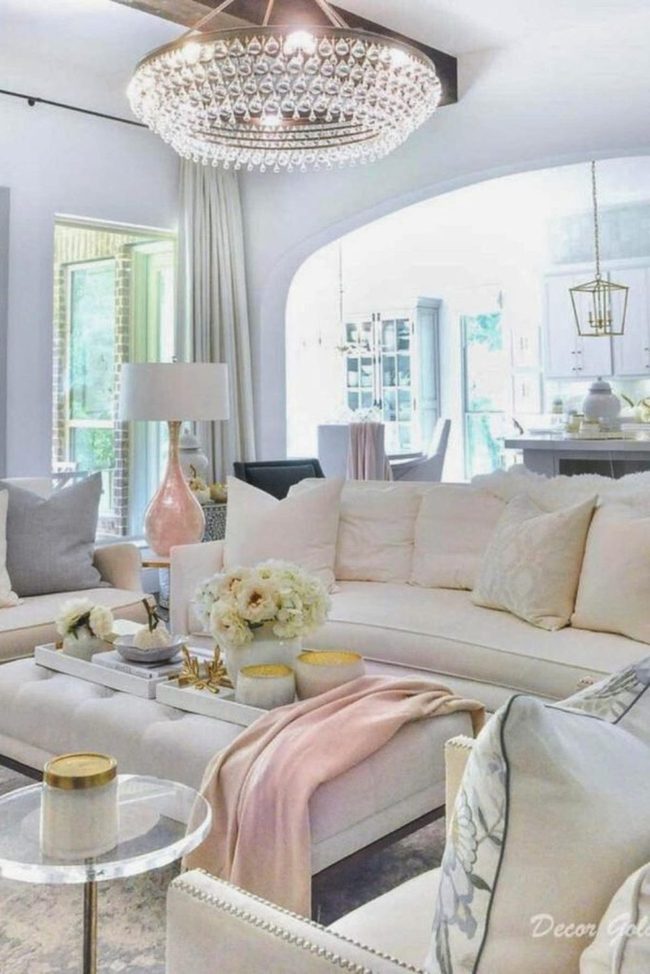 Cream Sectional with Crystal Chandelier