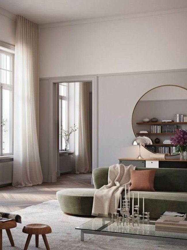 Green Curved Sofa With Golden Light