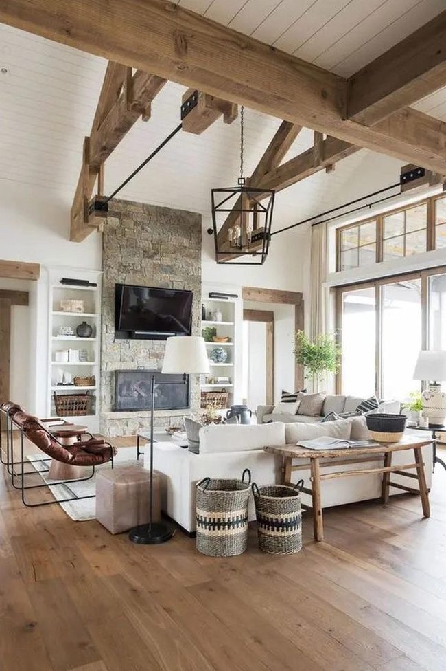 Exposed Beams Frame Stone Fireplace