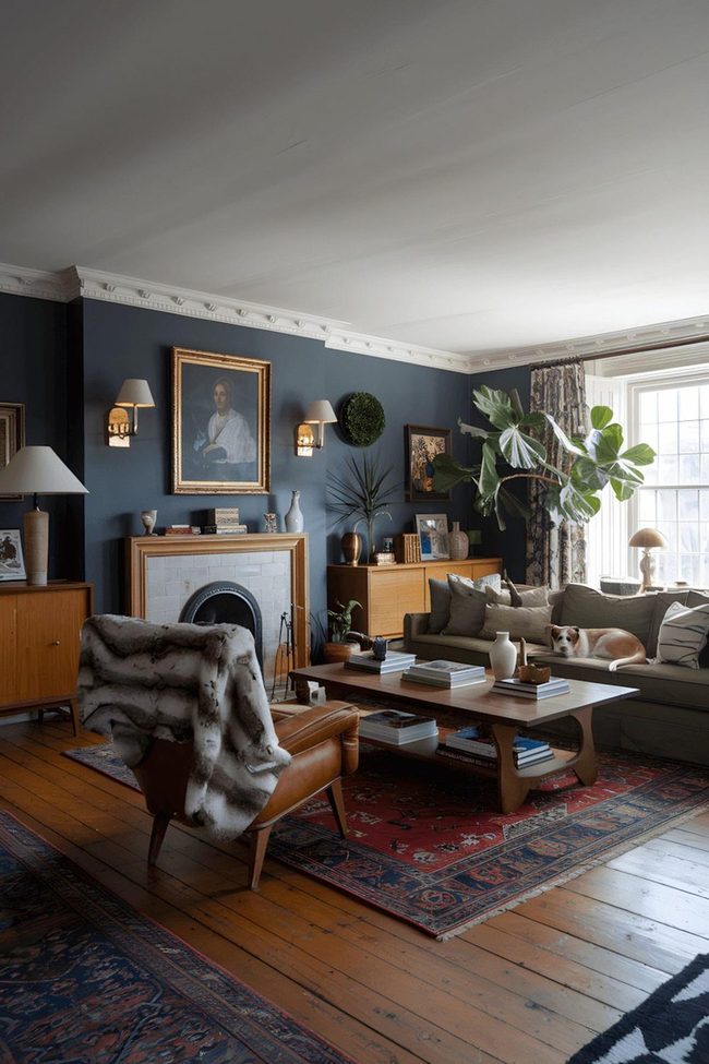 Green Sofa Against Deep Blue Wall