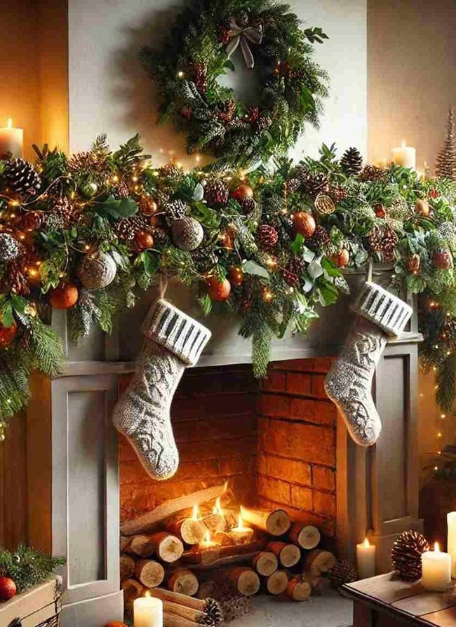 Evergreen Mantel With Twinkling Lights