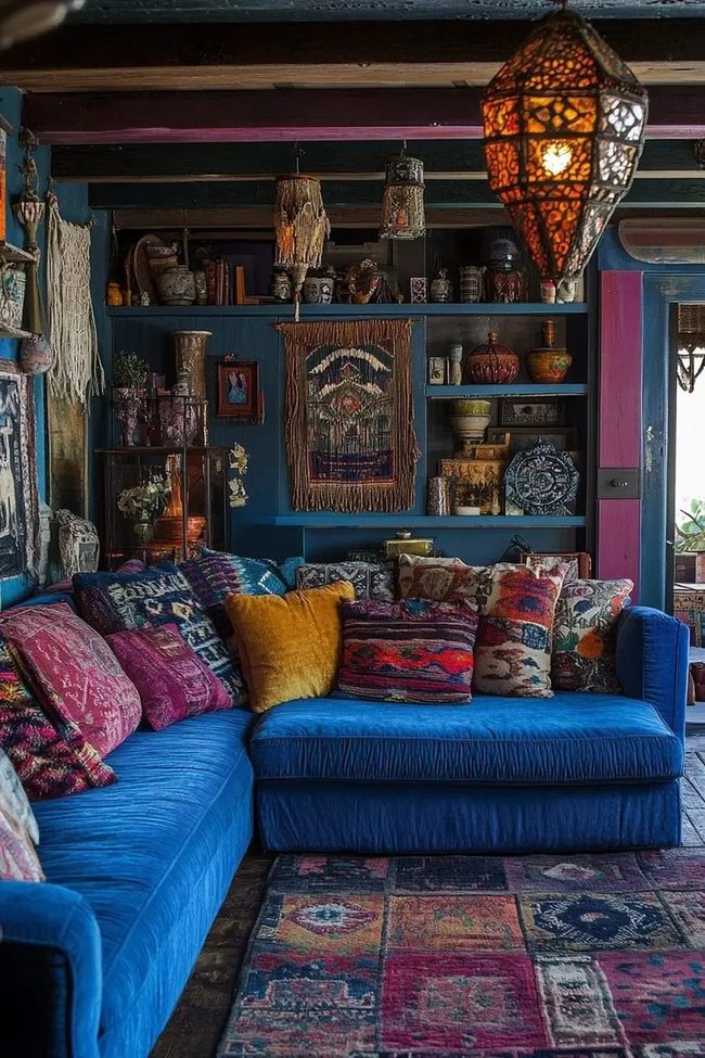 Deep Blue Bohemian Statement Sofa