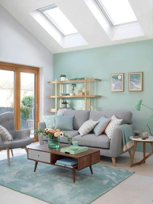 Sunlit Green Room With Gray Sofas